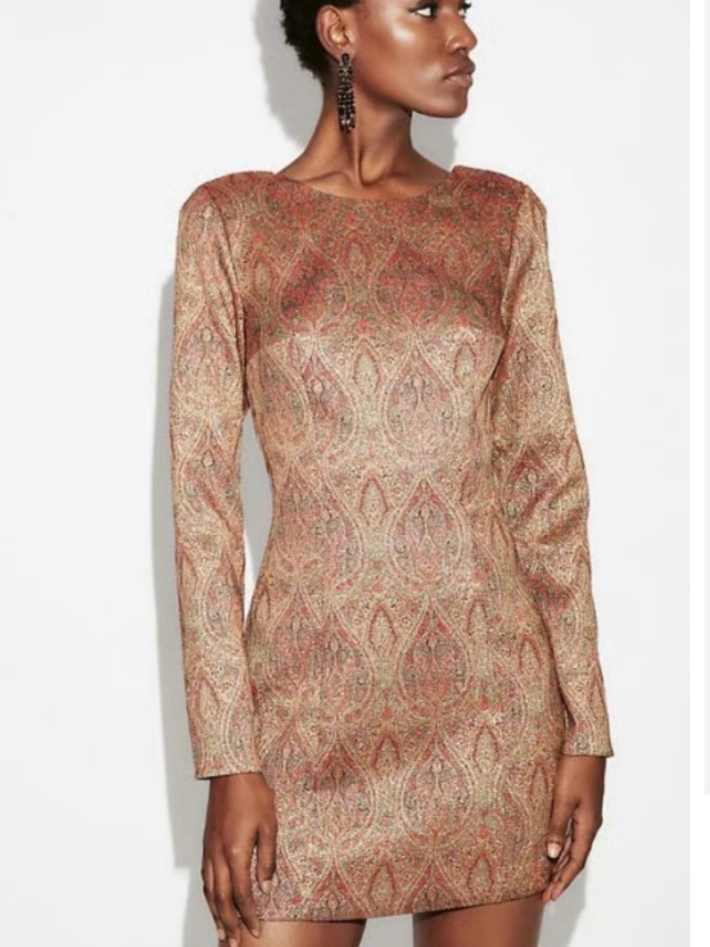 Express Metallic Paisley Long-Sleeve Mini Dress in Gold and Pink Tones